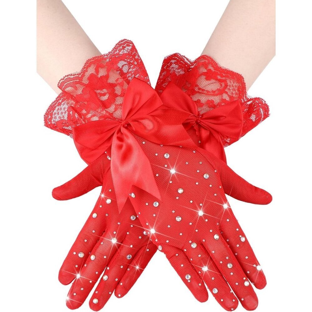 Women's Evening Rhinestones Red Short Lace Bow Gloves Accessories Halloween